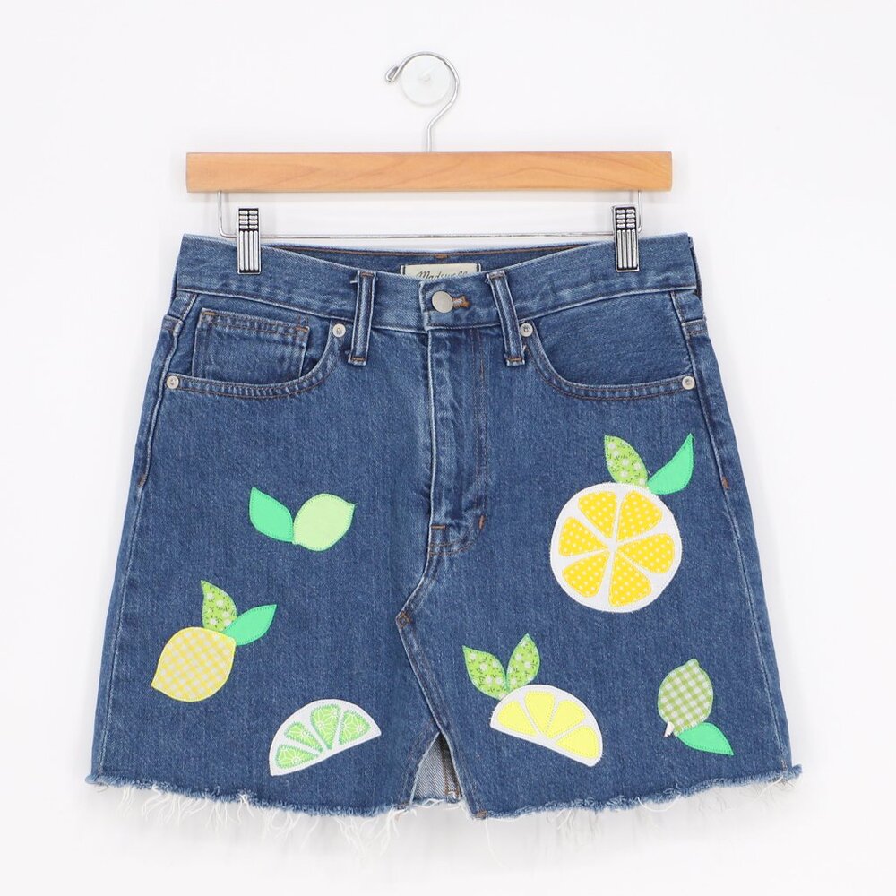 Upcycled Reworked Lemon & Lime Patchwork Denim Mini Skirt Size 26